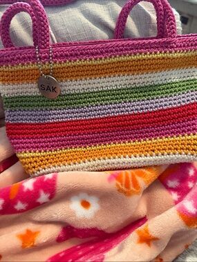 The Sak Multicolor Striped Crochet Tote with Pink Handles